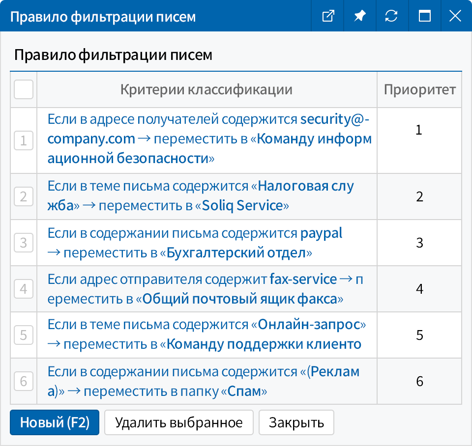 Правила сортировки почты