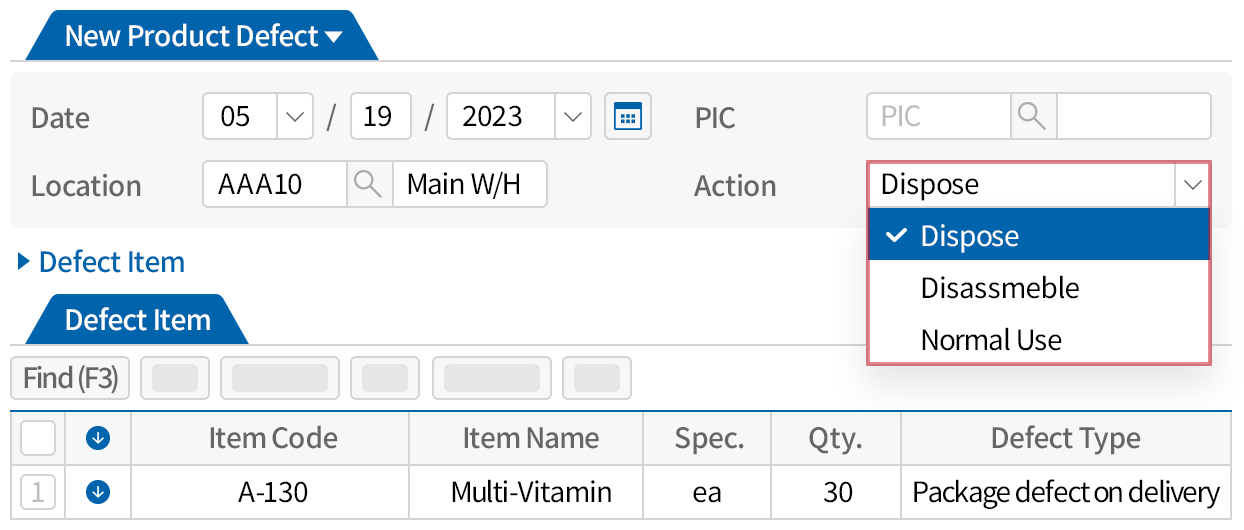 Detailed management of defect item