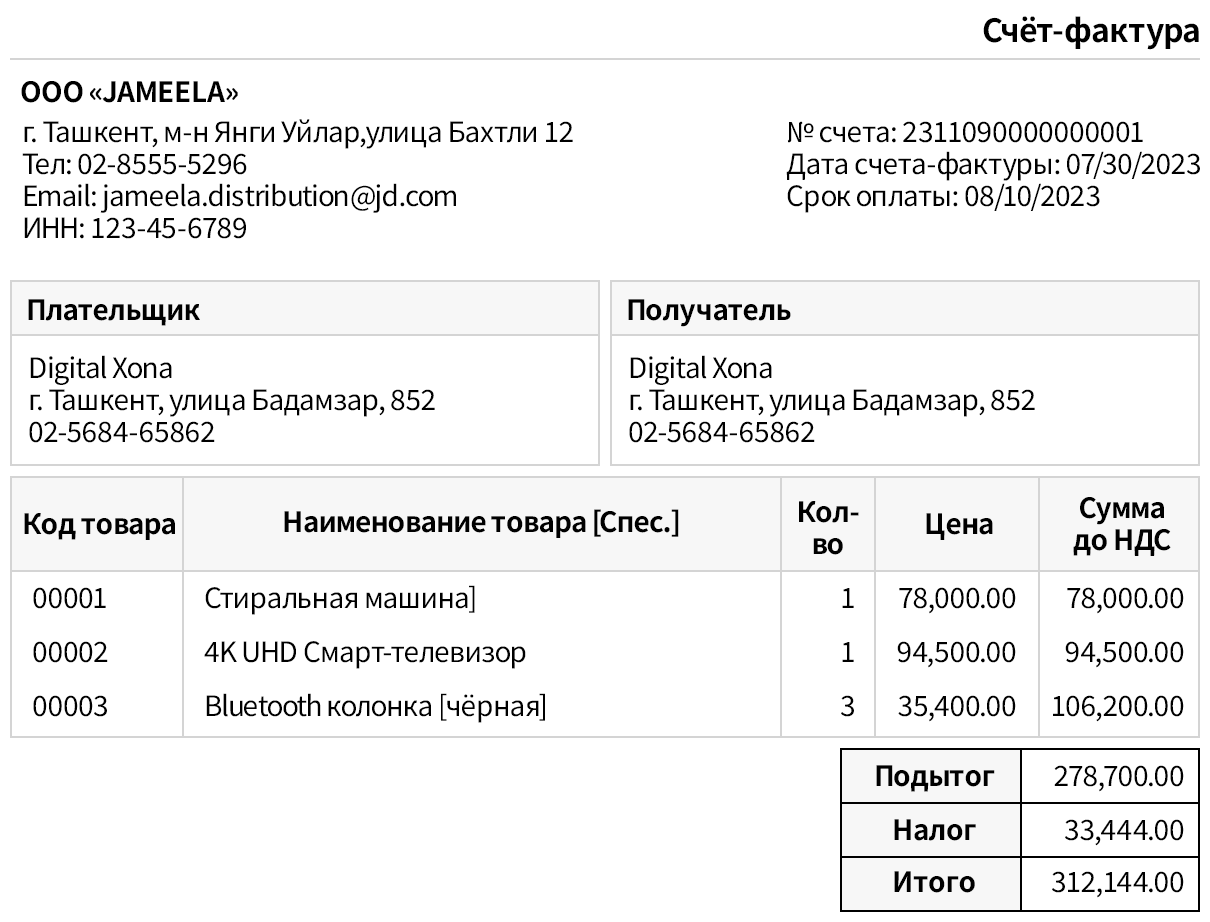 Стандартный шаблон заказа на продажу