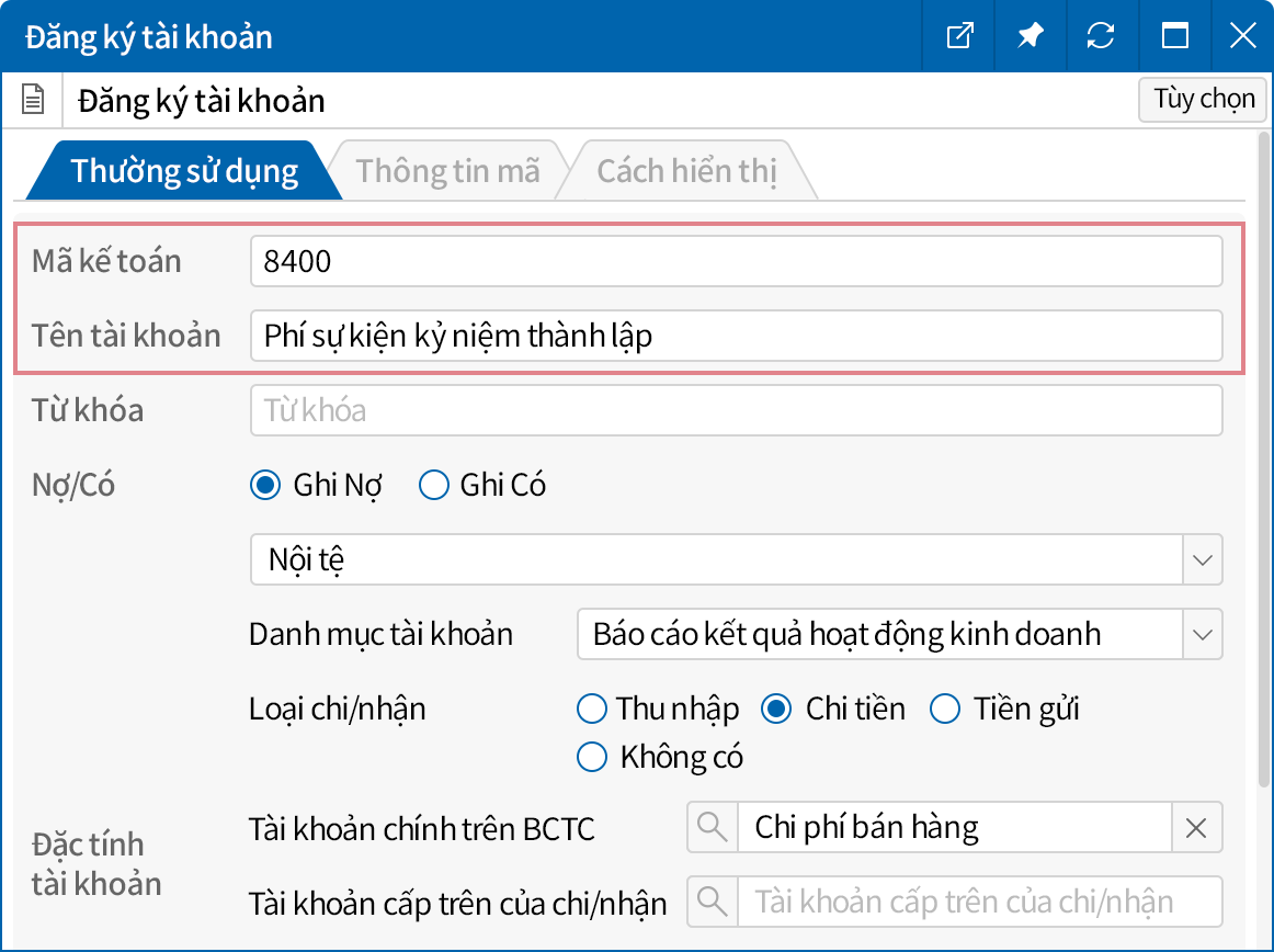 Đăng ký mã tài khoản cần thiết