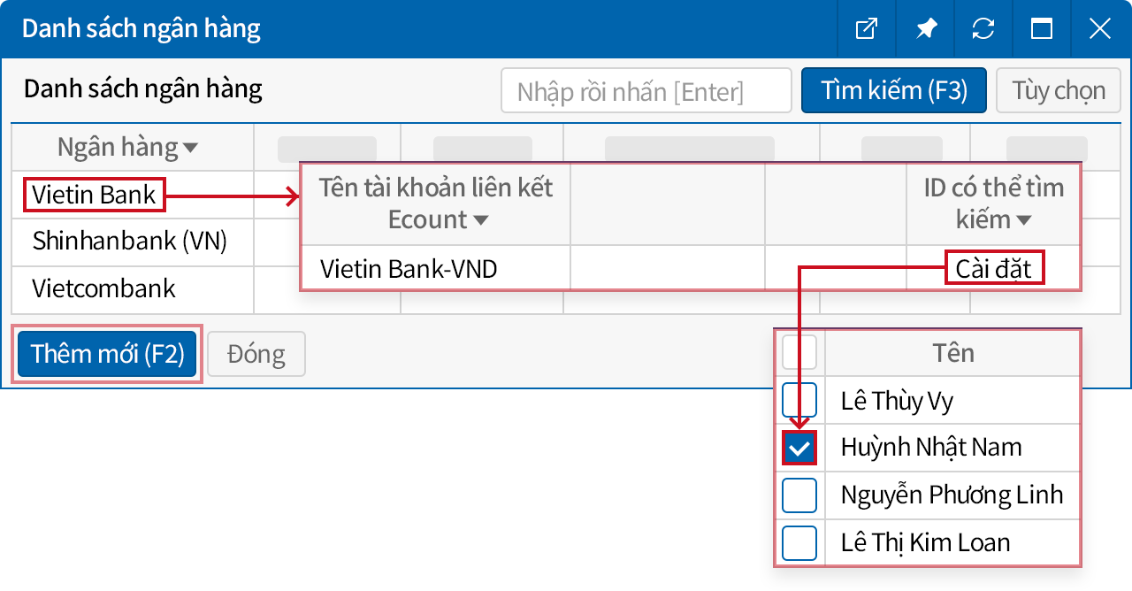 Chọn tài khoản có thể tra cứu sao kê cho mỗi nhân viên