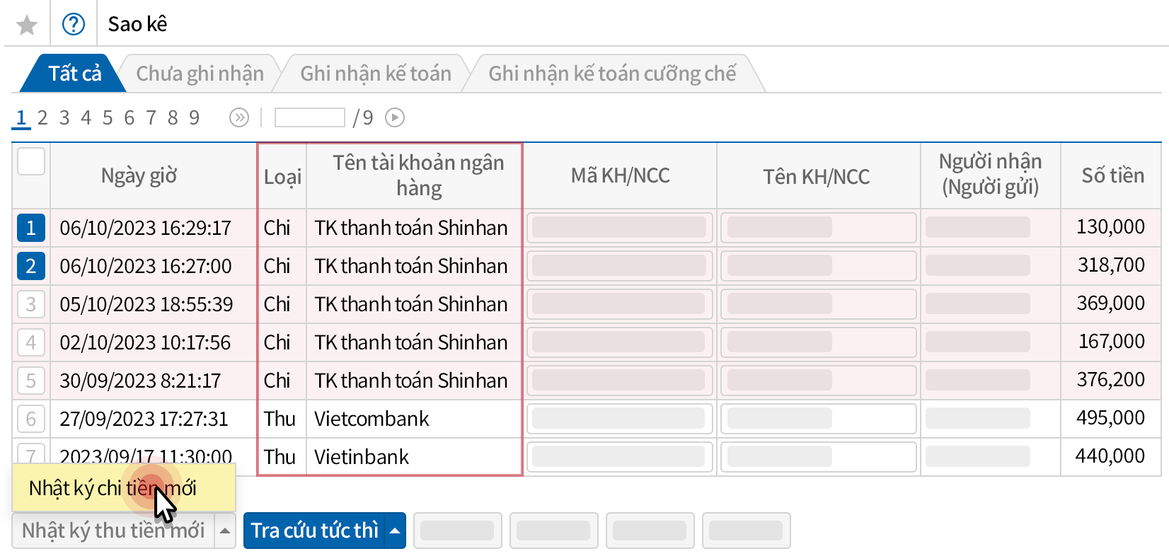 Tự động thu thập dữ liệu tiền vào/ra của tài khoản