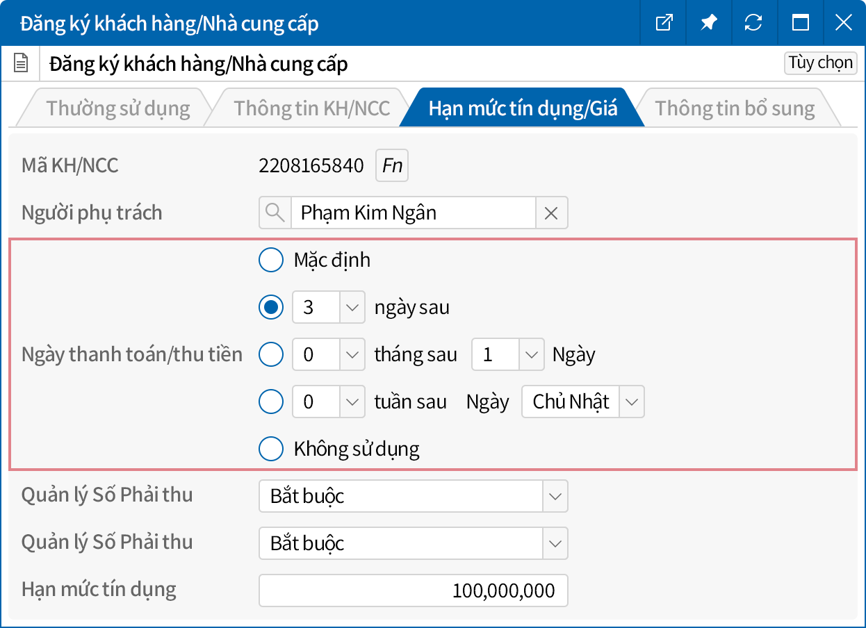 Quản lý ngày dự kiến thu tiền/thanh toán của khách hàng/nhà cung cấp