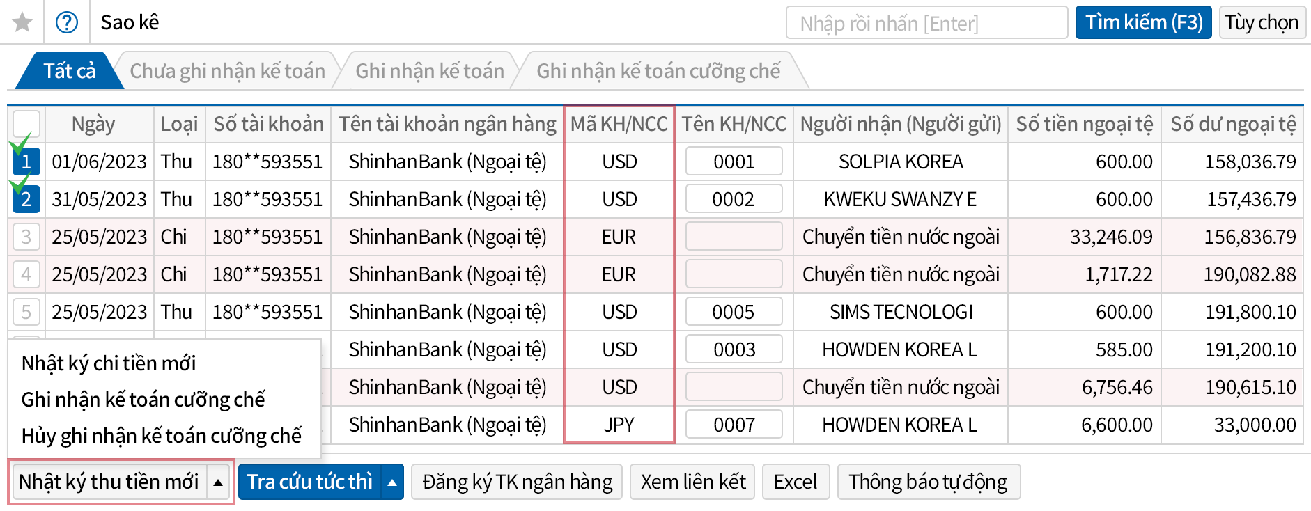 Nhập chi tiết giao dịch ngoại tệ