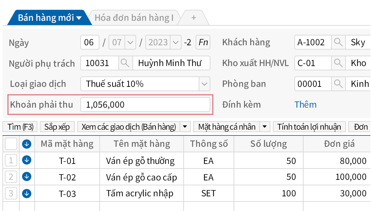 Thêm hạng mục Khoản phải thu khi tạo phiếu bán hàng