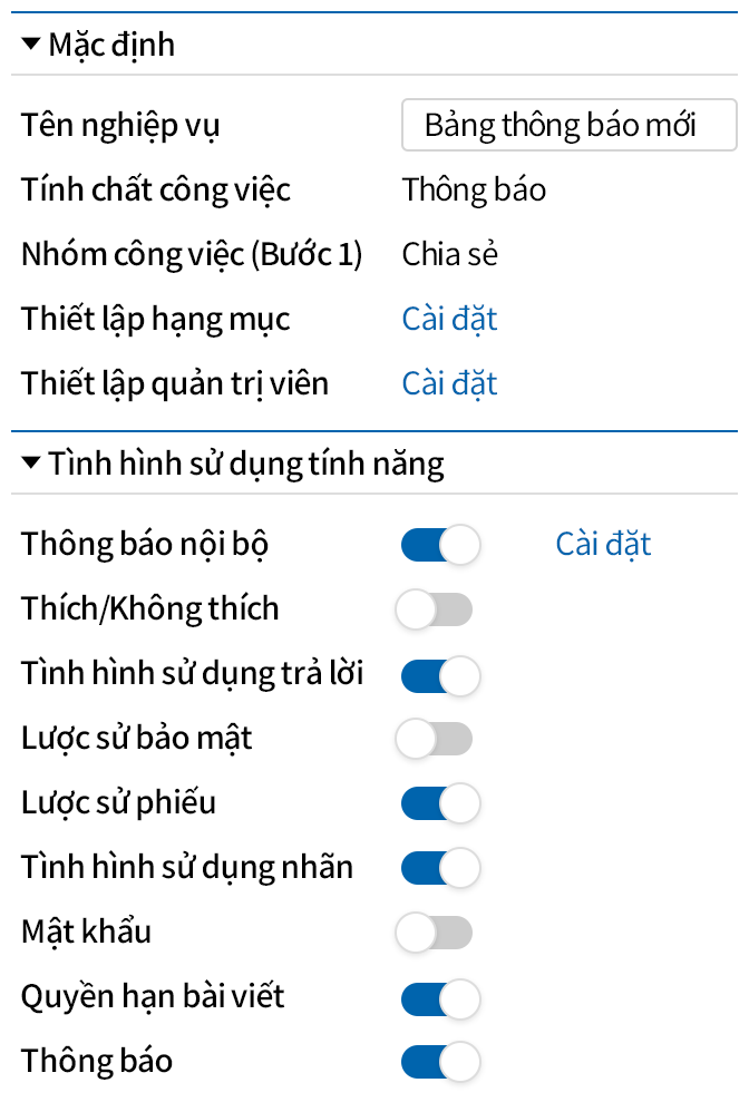 Thiết lập chi tiết tính năng bảng thông báo