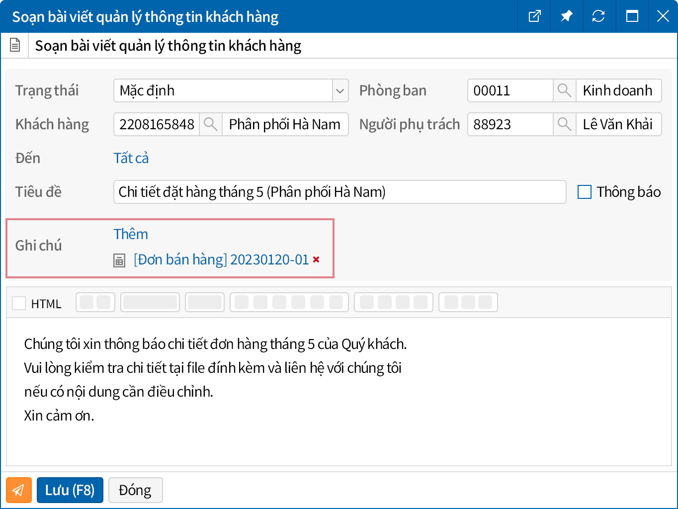 Liên kết thông tin khách hàng với phiếu ERP