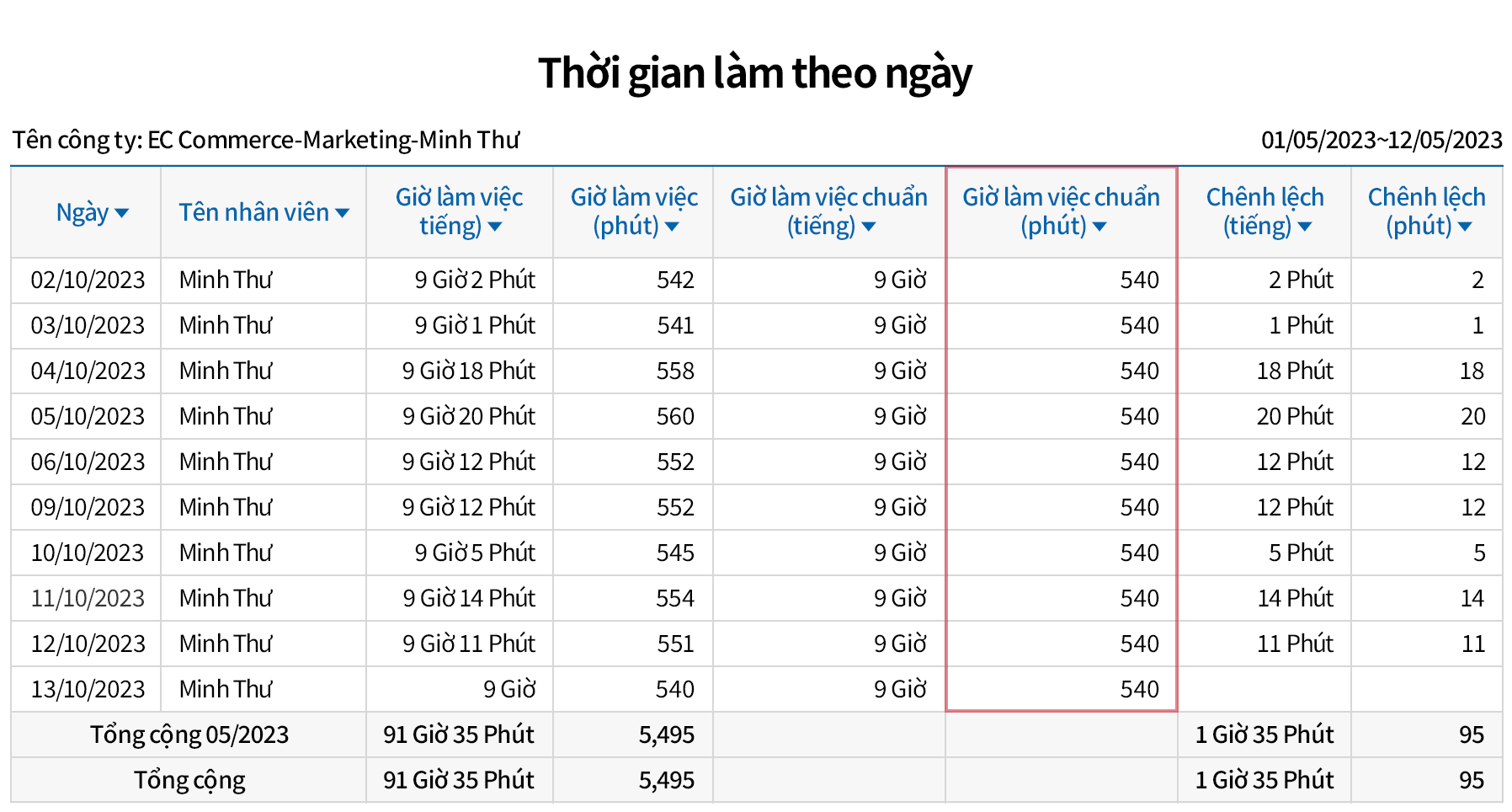Báo cáo chấm công đa dạng