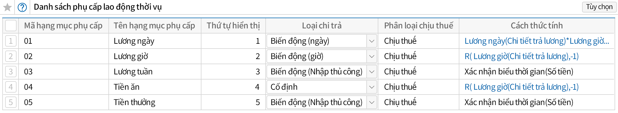 Thiết lập hạng mục phụ cấp, khấu trừ phù hợp với công ty