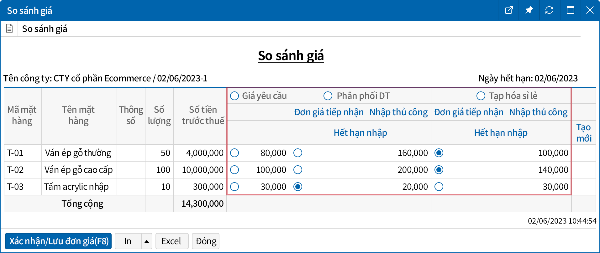 So sánh cùng lúc báo giá của từng nhà cung cấp