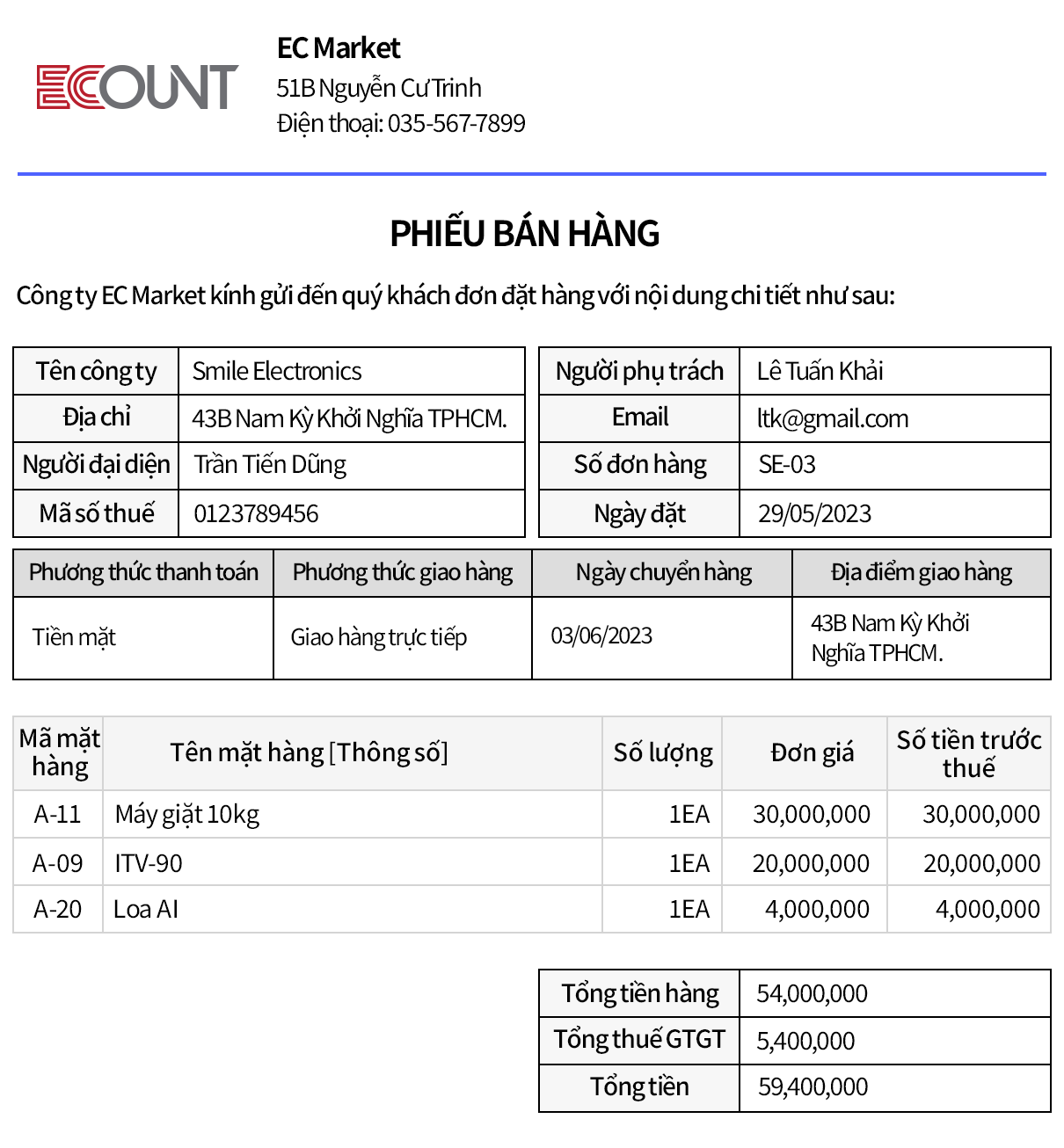 Mẫu biểu đơn hàng mặc định
