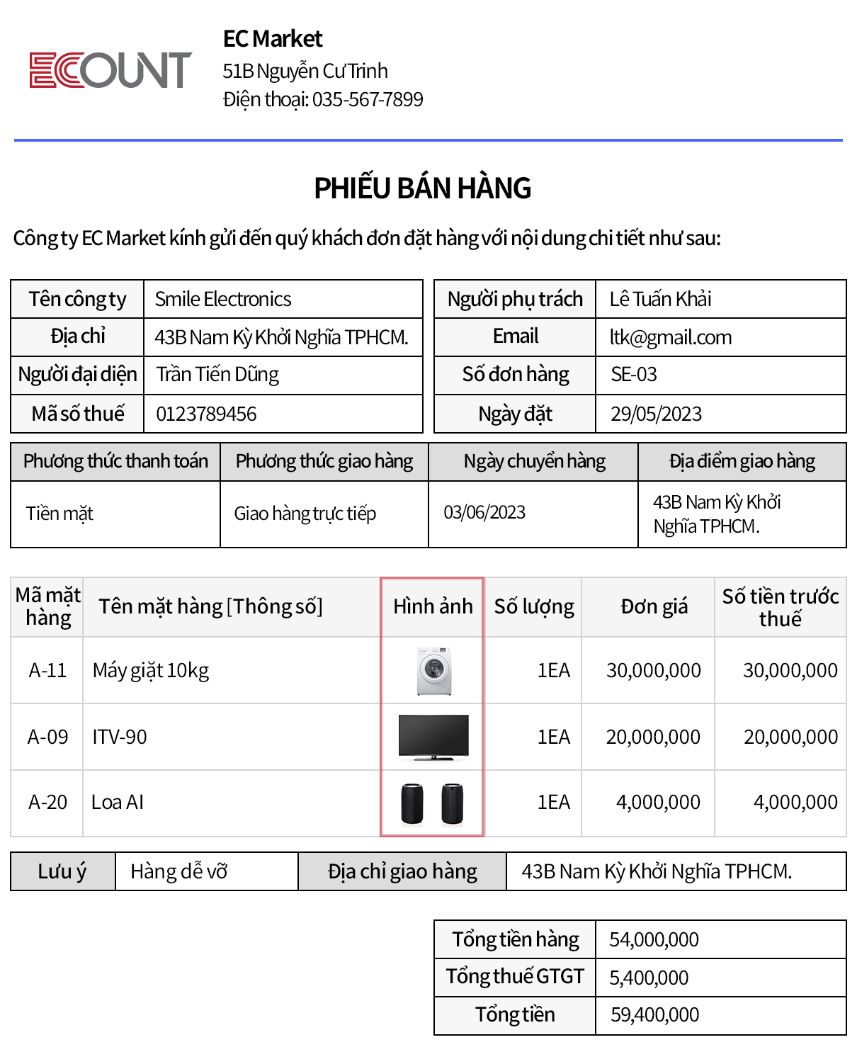 Thêm Hình ảnh, Địa chỉ giao, Lưu ý