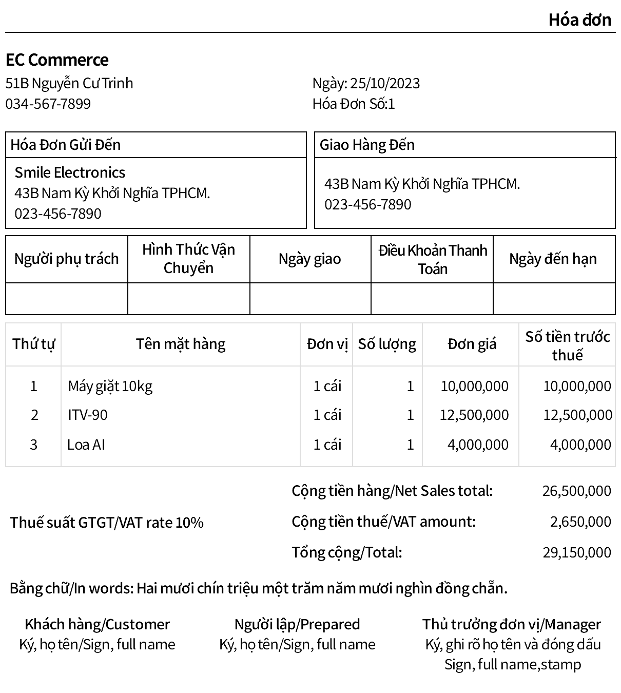 Mẫu biểu Phiếu bán hàng mặc định
