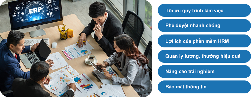 Minh họa lợi ích của phần mềm HRM giúp doanh nghiệp tối ưu quy trình làm việc, phê duyệt nhanh, quản lý lương thưởng và bảo mật thông tin hiệu quả