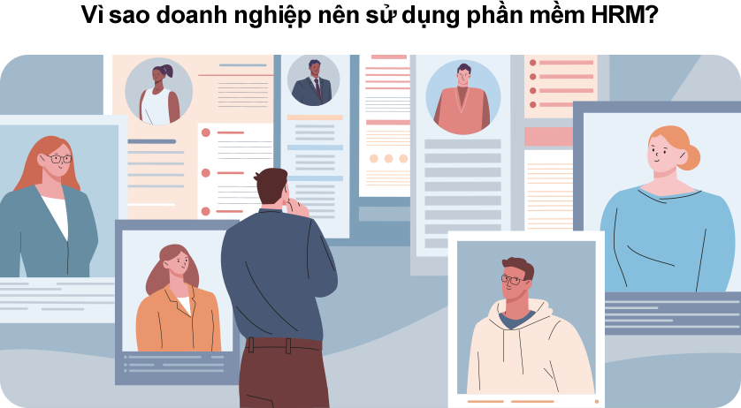 Minh họa doanh nghiệp sử dụng phần mềm HRM để tối ưu quy trình nhân sự, xử lý dữ liệu nhanh, ra quyết định chính xác
