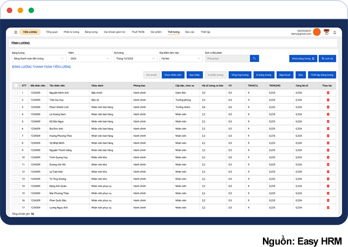 Giao diện Easy HRM quản lý bảng lương và tính lương nhân viên trên hệ thống HRM