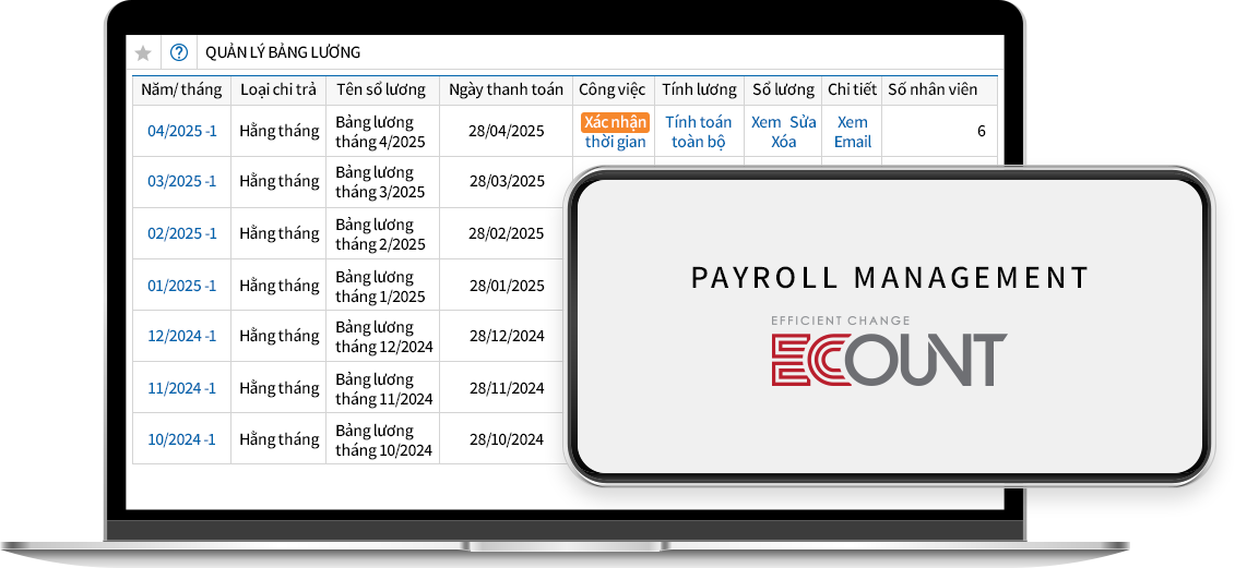 Giao diện phần mềm ECOUNT ERP quản lý bảng lương  và tính lương nhân viên theo tháng