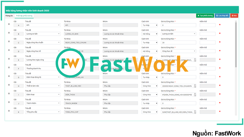 Giao diện FastWork Payroll thiết lập bảng lương và cấu hình các khoản thu nhập nhân viên