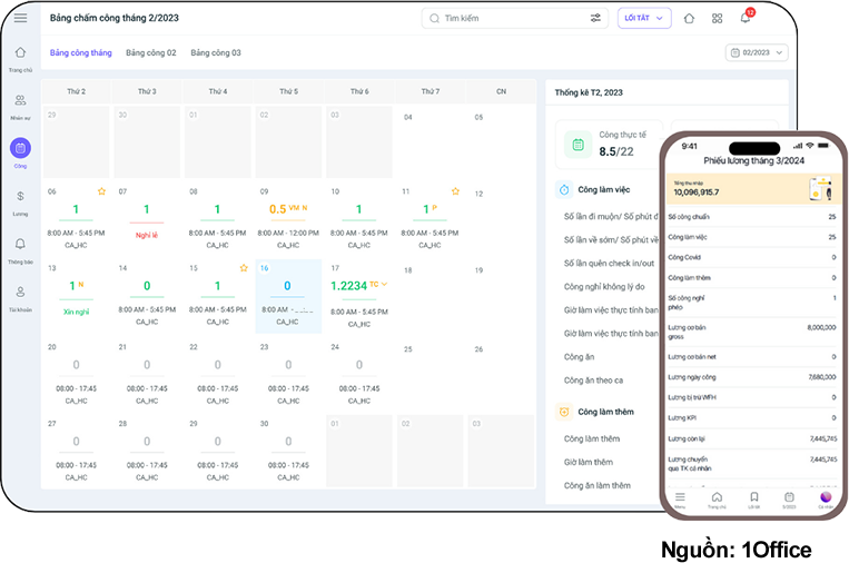 Giao diện 1Office quản lý chấm công và tính lương nhân viên trên hệ thống HRM