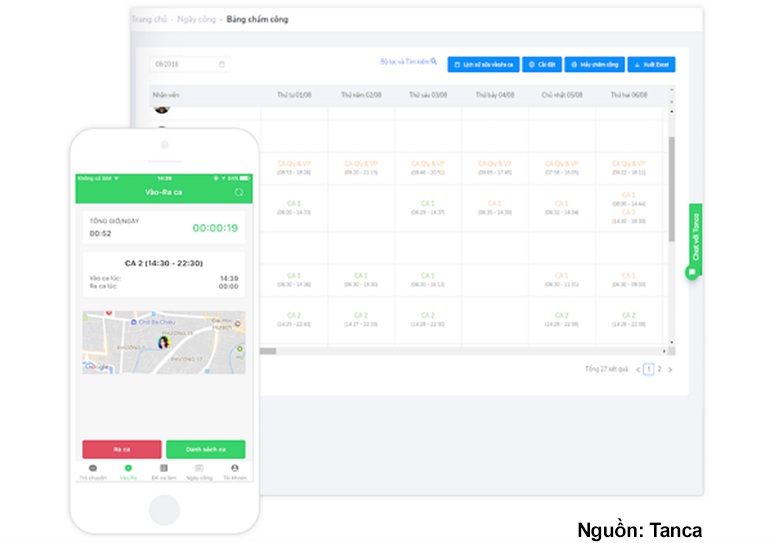 Giao diện phần mềm Tanca quản lý chấm công và bảng lương trên điện thoại và máy tính